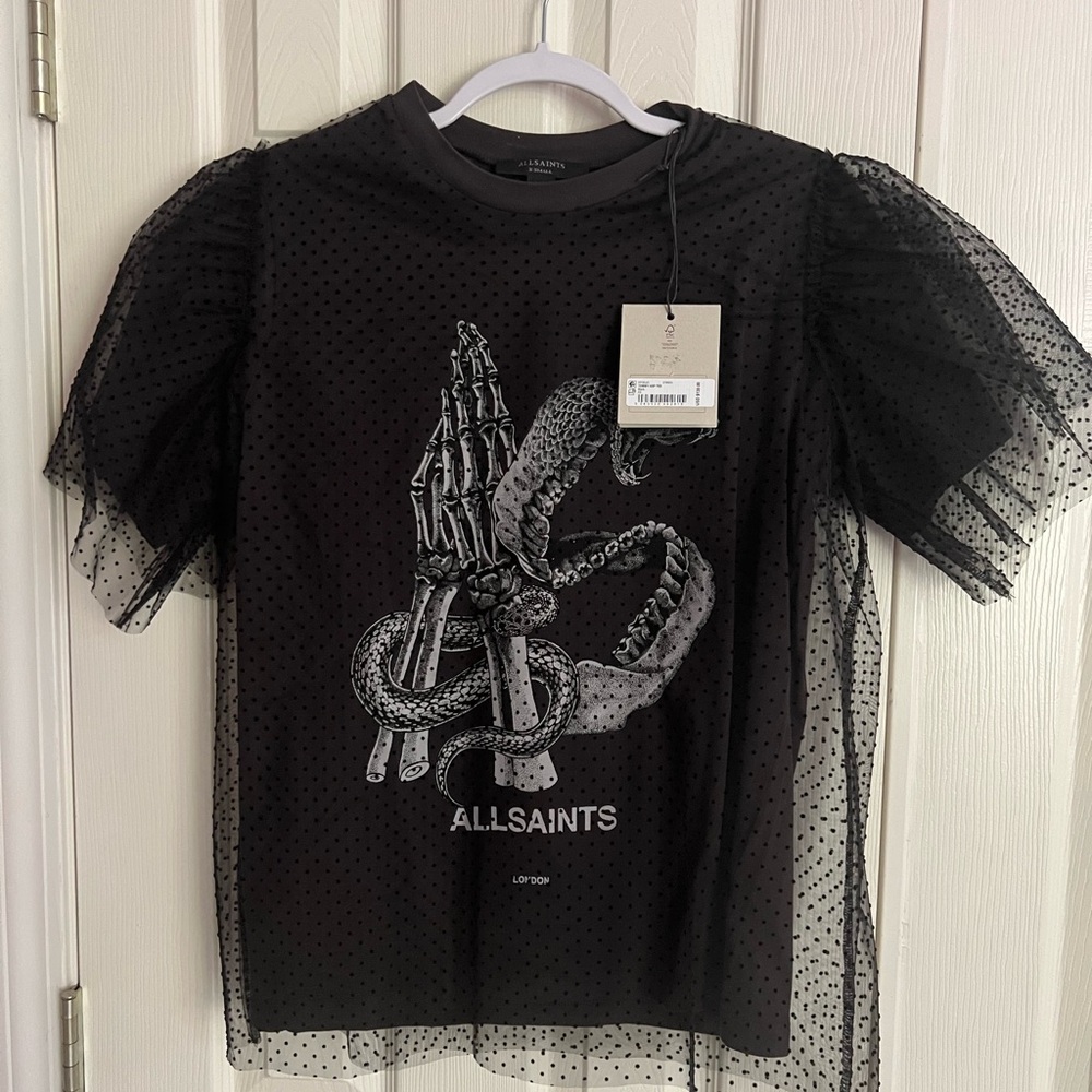 All Saints Black T-Shirt with Mesh Overlay